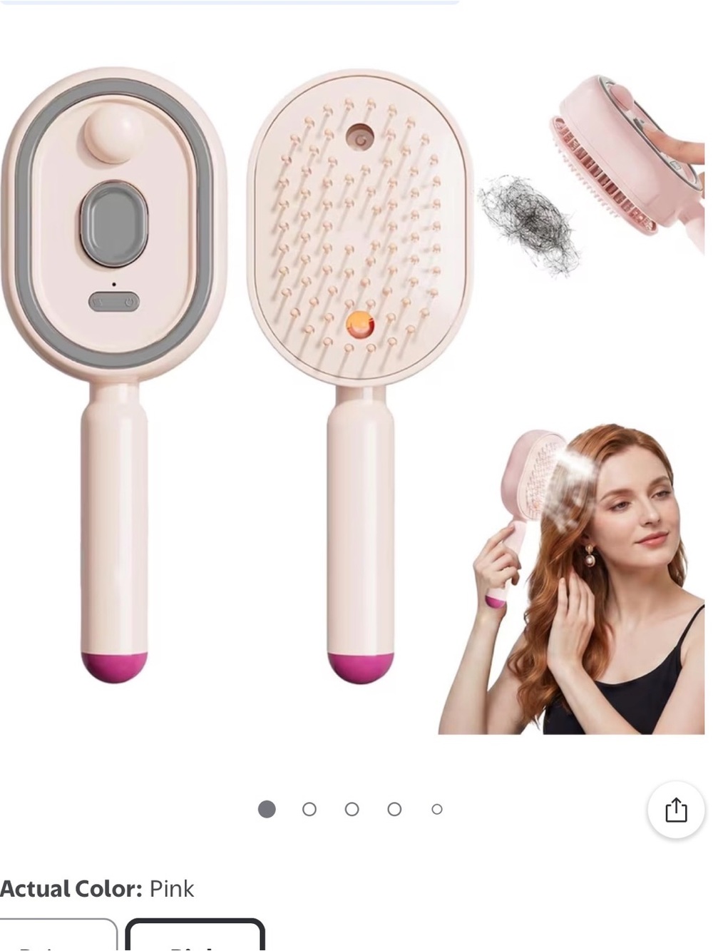 Pink Detangling Cushion Hair Brush for Women - Self-Cleaning 5-in-1